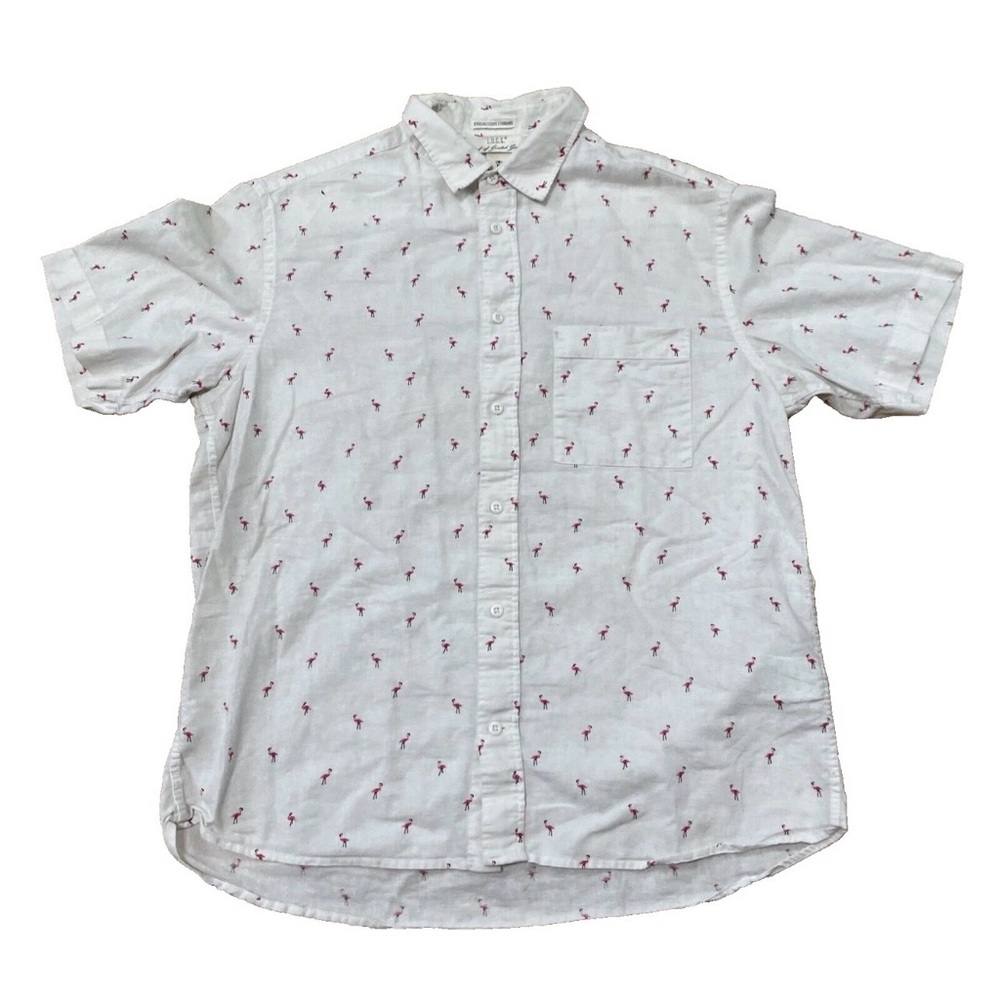H&M LOGG Men's White Short Sleeve Shirt with Pink flamingos large